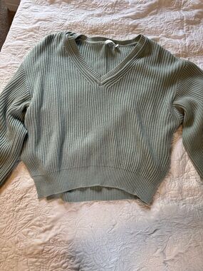 Lush Light Sage Ribbed V-Neck Sweater